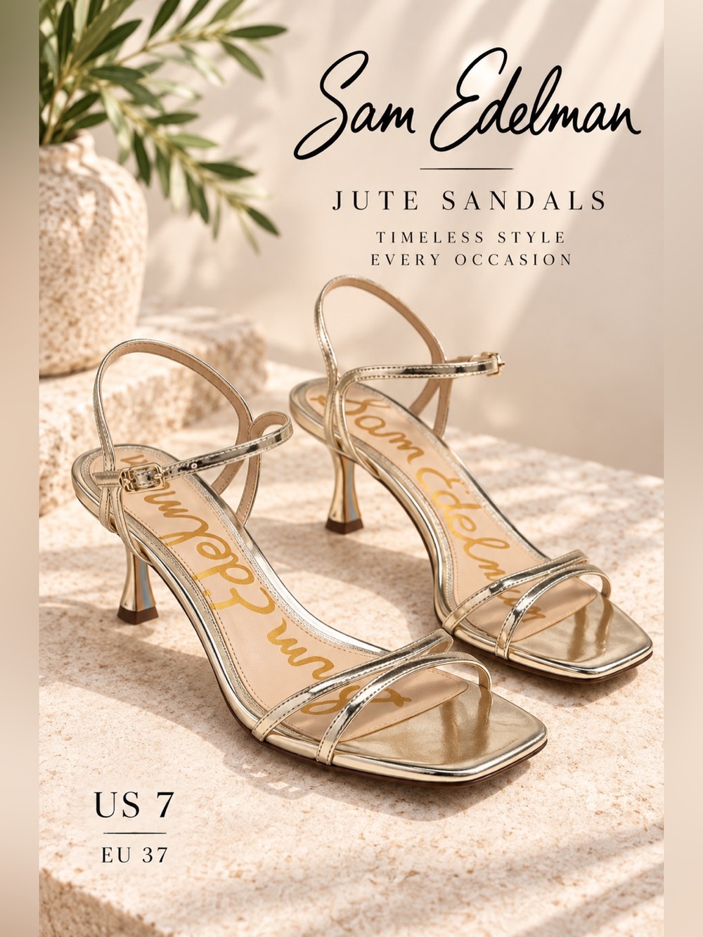 Sam Edelman Jute Metallic Gold Strappy Heeled Sandals Size 7